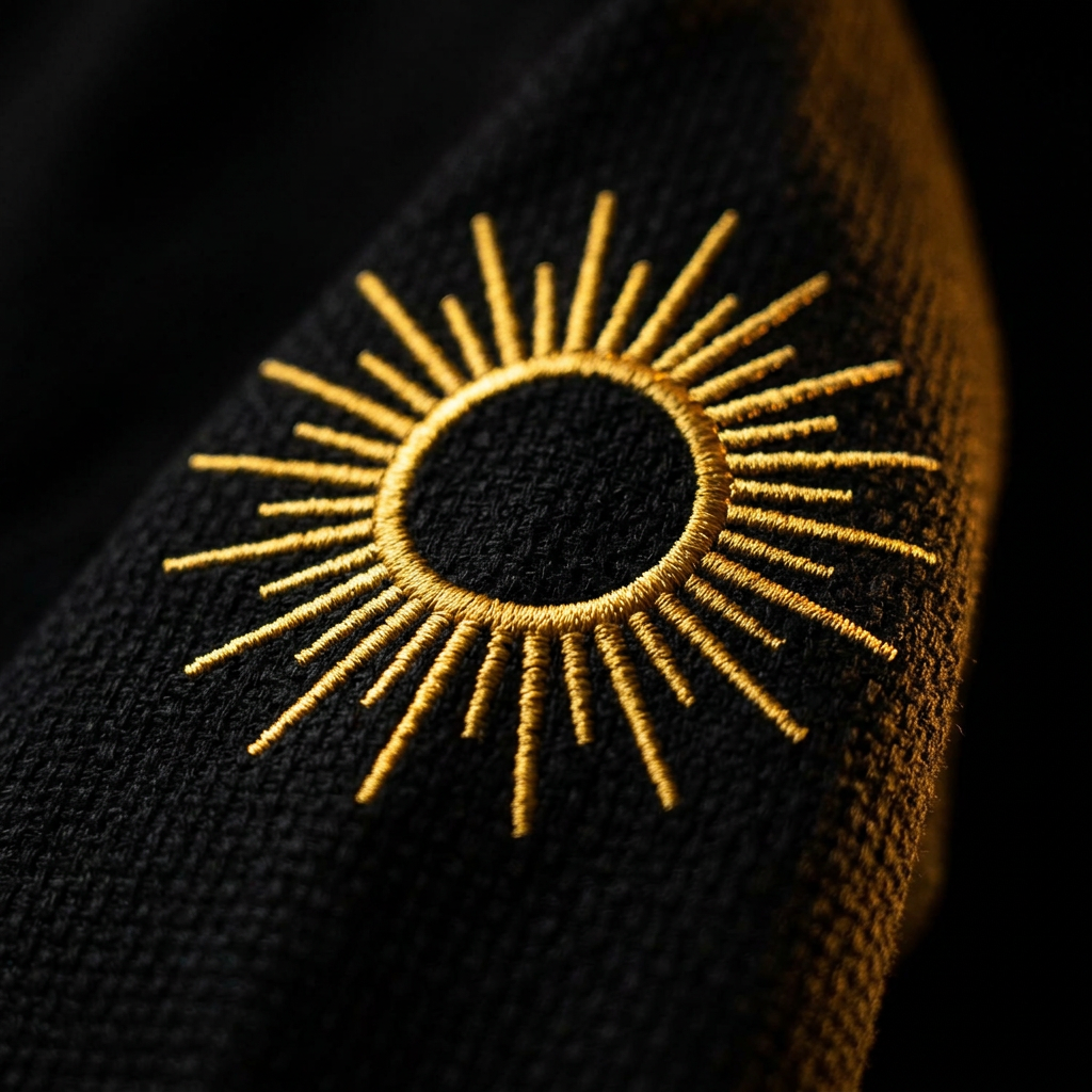 Macro do emblema do sol bordado em dourado no ombro do kimono ARMORED